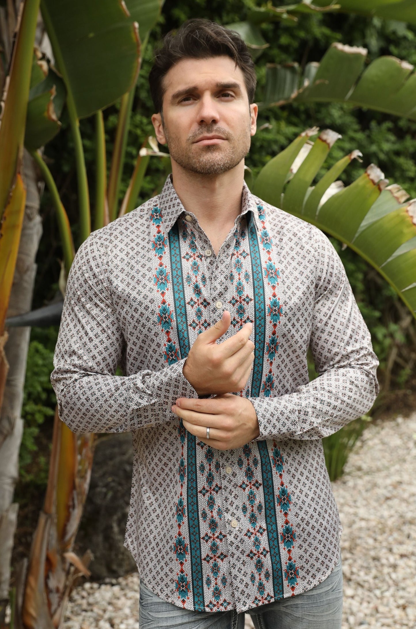 Mens Modern Fit Stretch Aztec Foiled Shirt - Beige