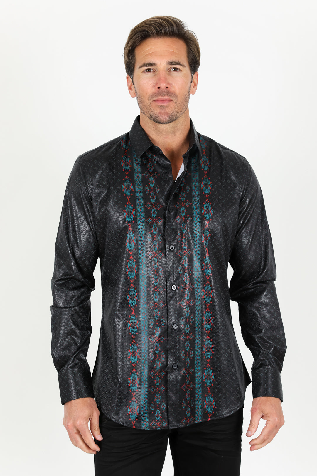 Mens Modern Fit Stretch Aztec Foiled Shirt - Black