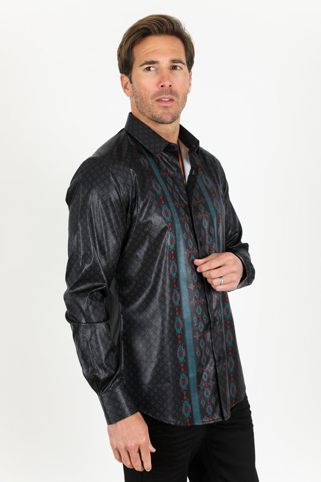 Mens Modern Fit Stretch Aztec Foiled Shirt - Black