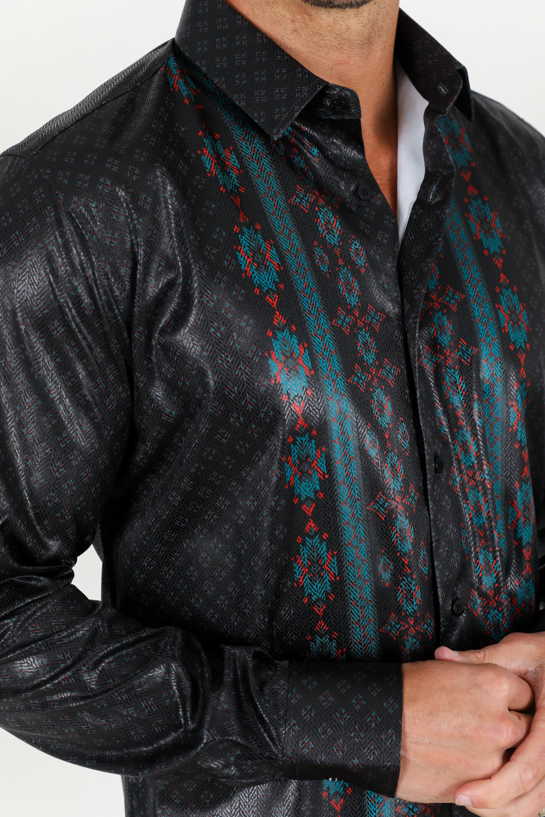 Mens Modern Fit Stretch Aztec Foiled Shirt - Black
