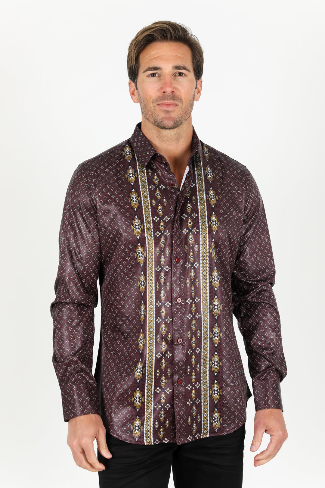 Mens Modern Fit Stretch Aztec Foiled Shirt - Wine