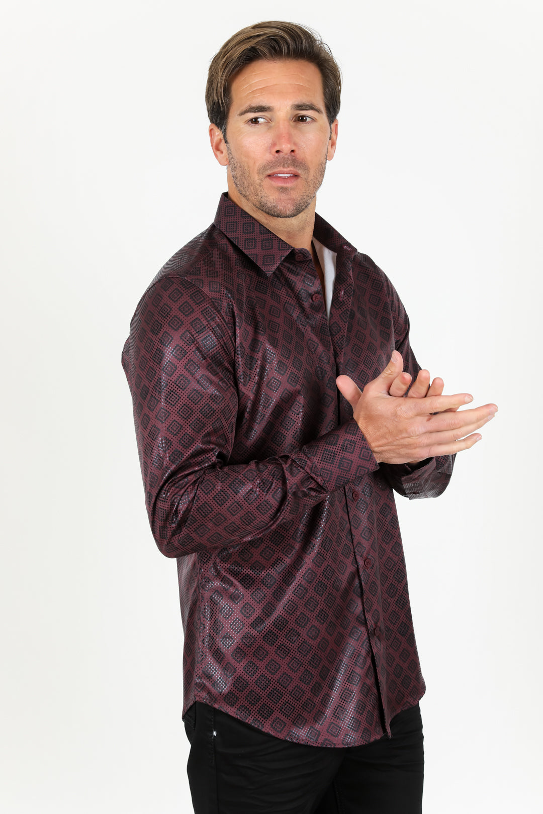 Mens Modern Fit Stretch Aztec Foiled Shirt - Wine