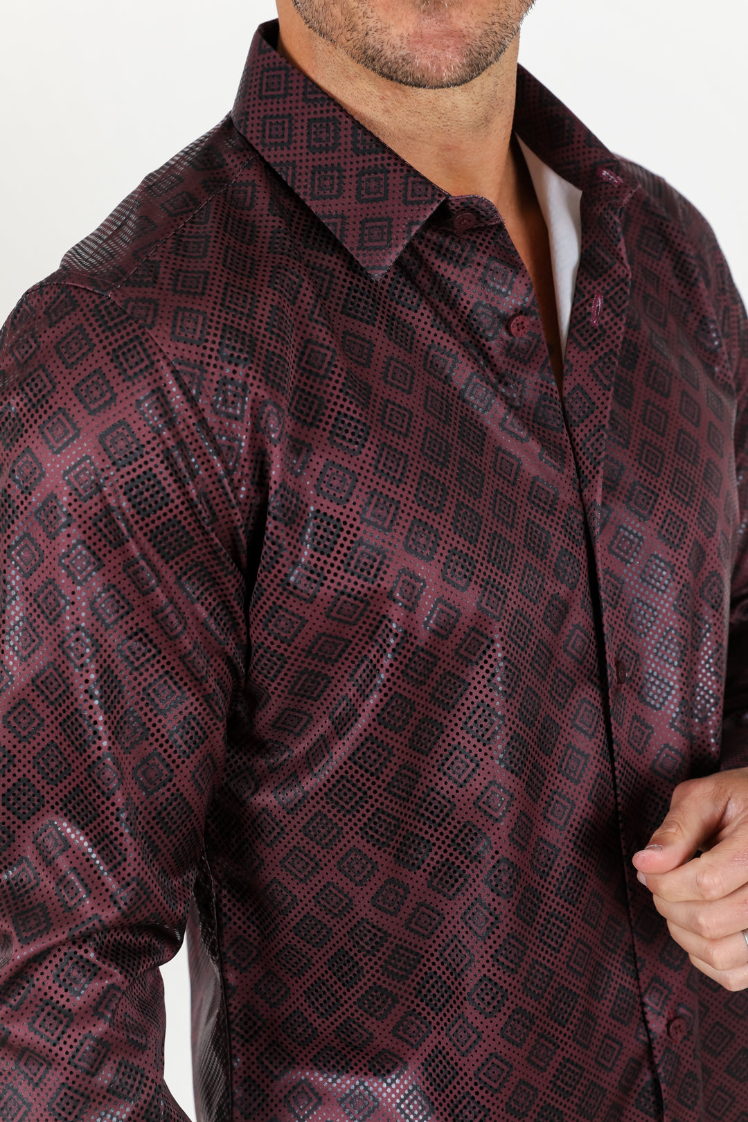 Mens Modern Fit Stretch Aztec Foiled Shirt - Wine