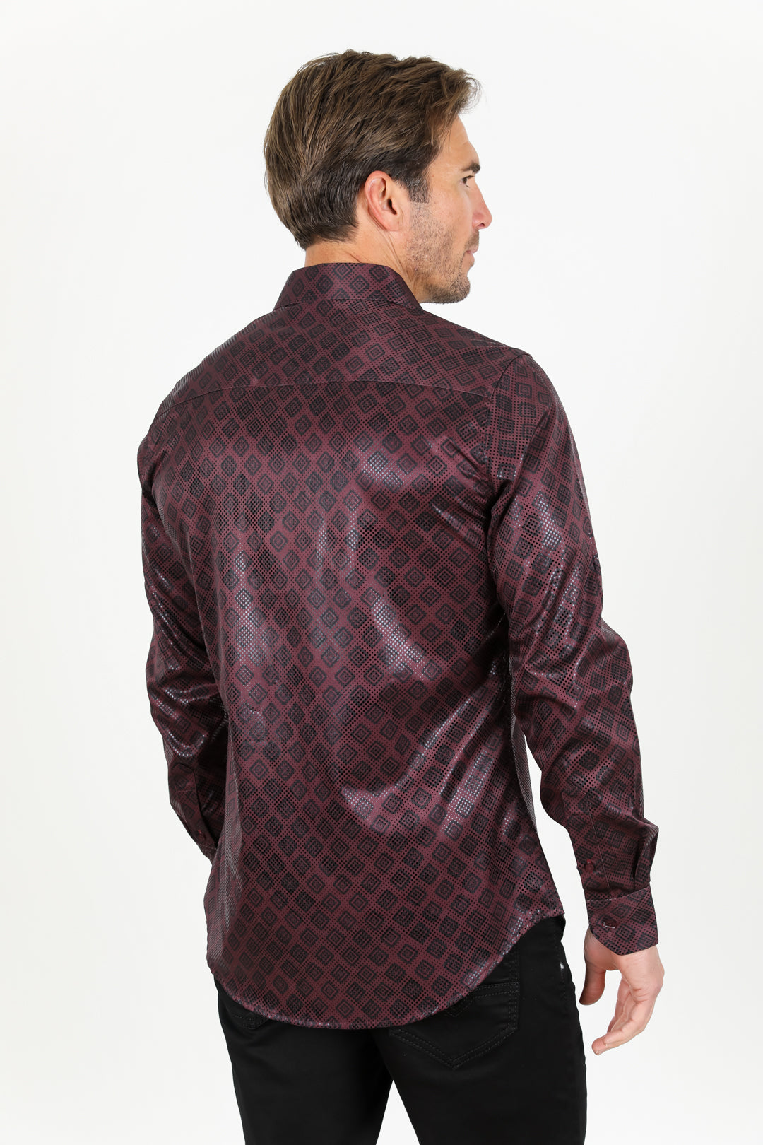 Mens Modern Fit Stretch Aztec Foiled Shirt - Wine