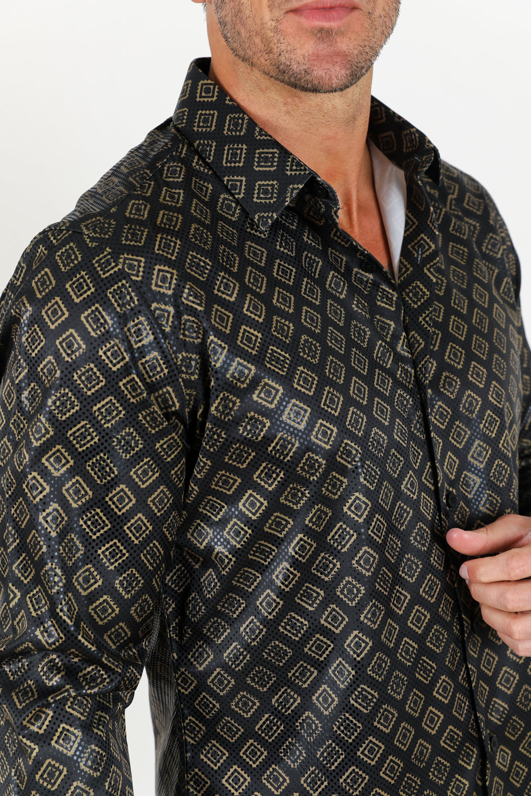 Mens Modern Fit Stretch Aztec Foiled Shirt - Black