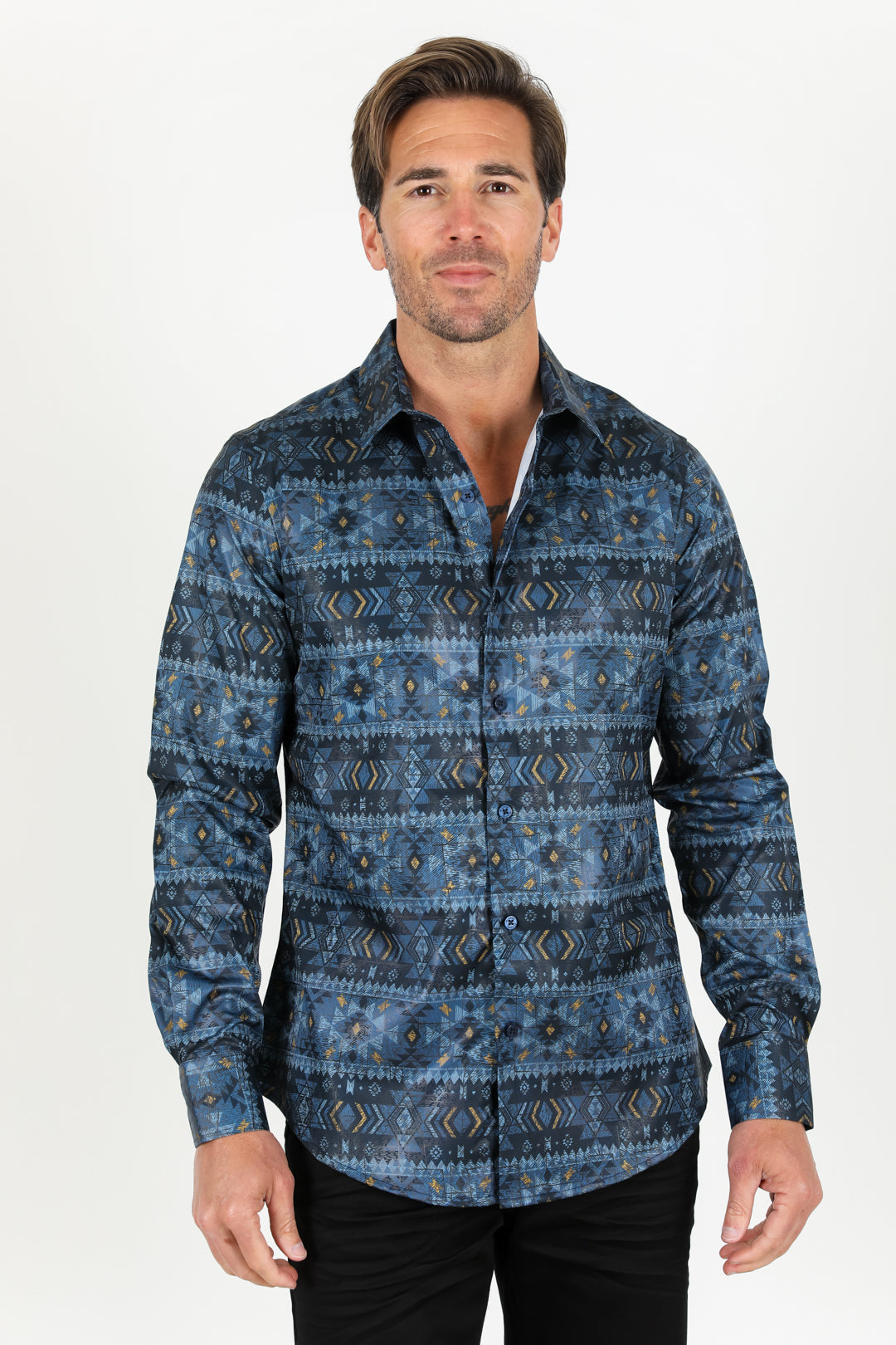 Mens Modern Fit Stretch Aztec Foiled Shirt - Navy