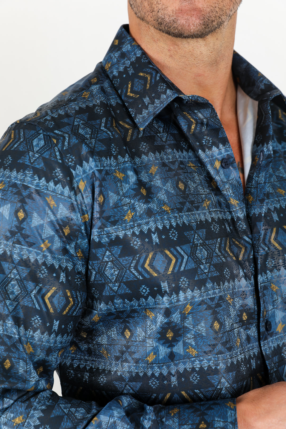 Mens Modern Fit Stretch Aztec Foiled Shirt - Navy