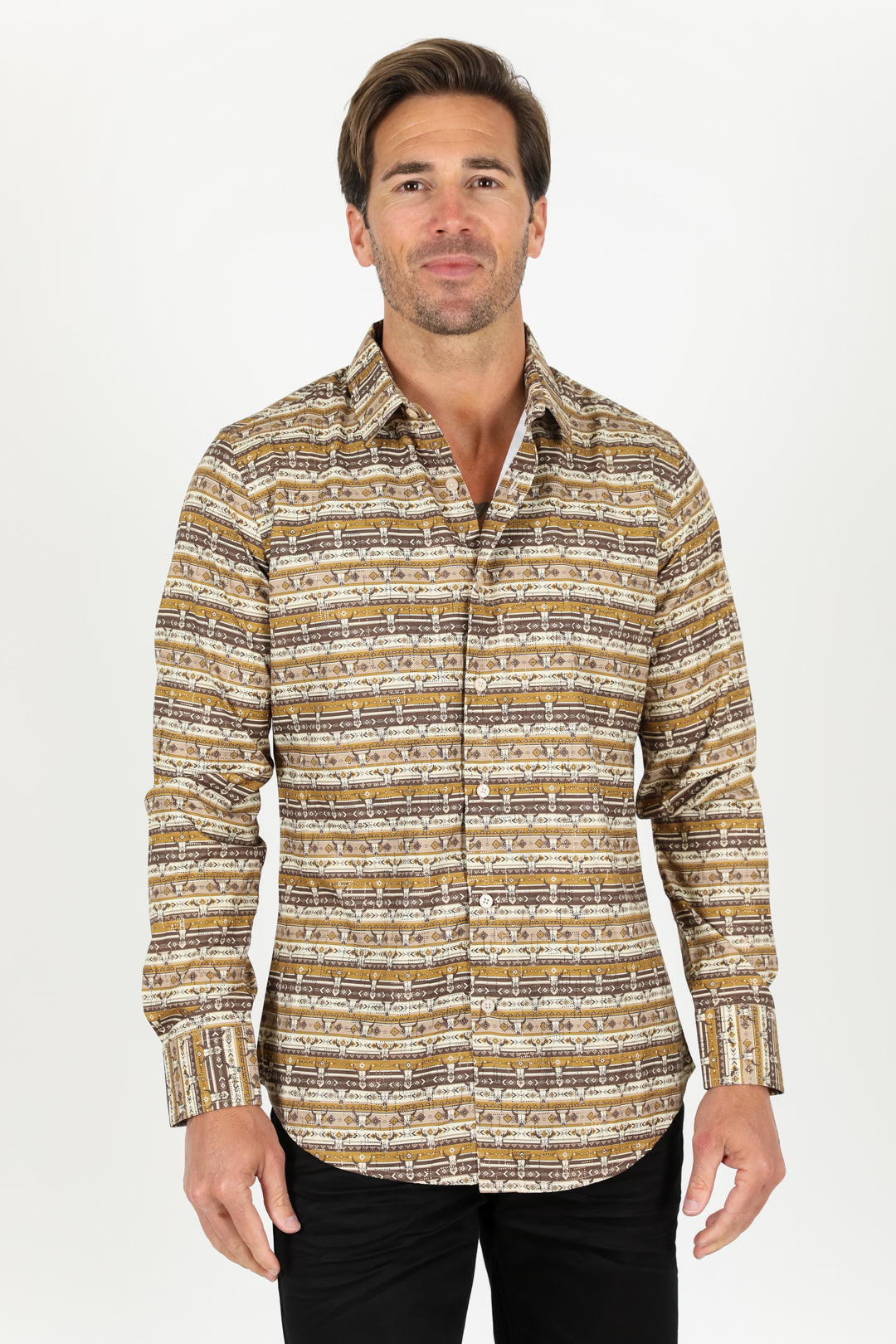 Mens Modern Fit Stretch Aztec Foiled Shirt - Beige