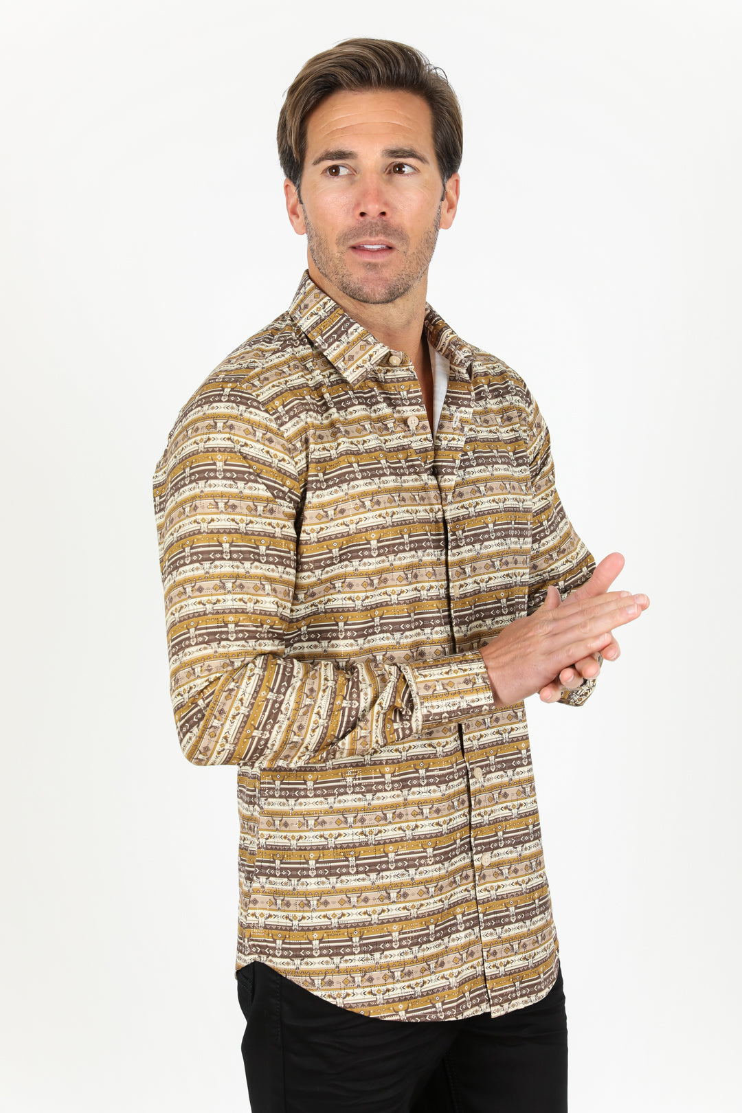 Mens Modern Fit Stretch Aztec Foiled Shirt - Beige
