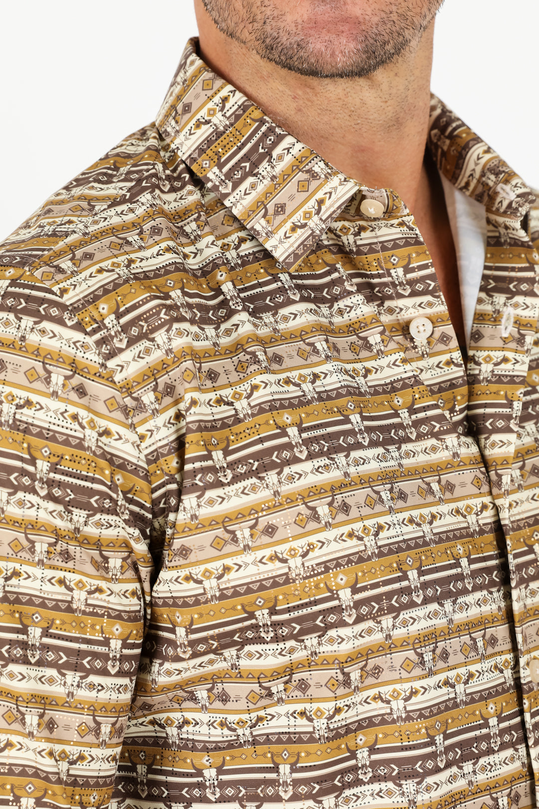Mens Modern Fit Stretch Aztec Foiled Shirt - Beige