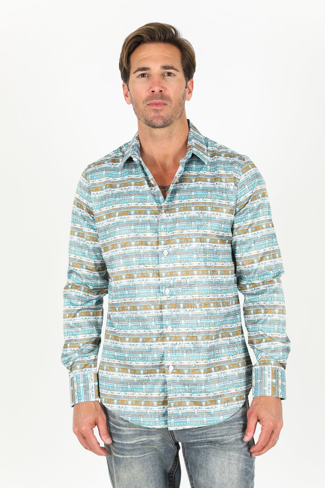 Mens Modern Fit Stretch Aztec Foiled Shirt - White/Teal