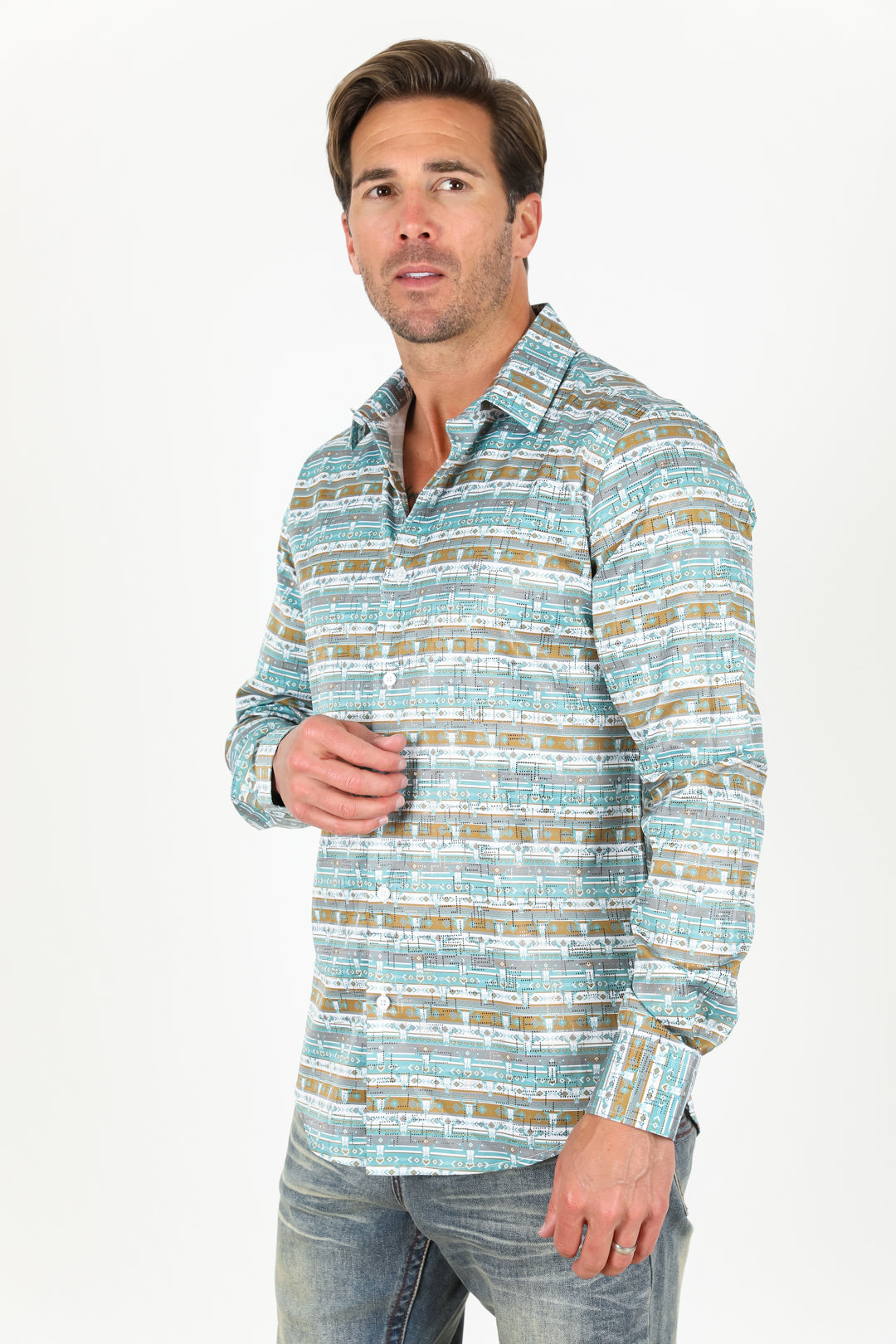 Mens Modern Fit Stretch Aztec Foiled Shirt - White/Teal