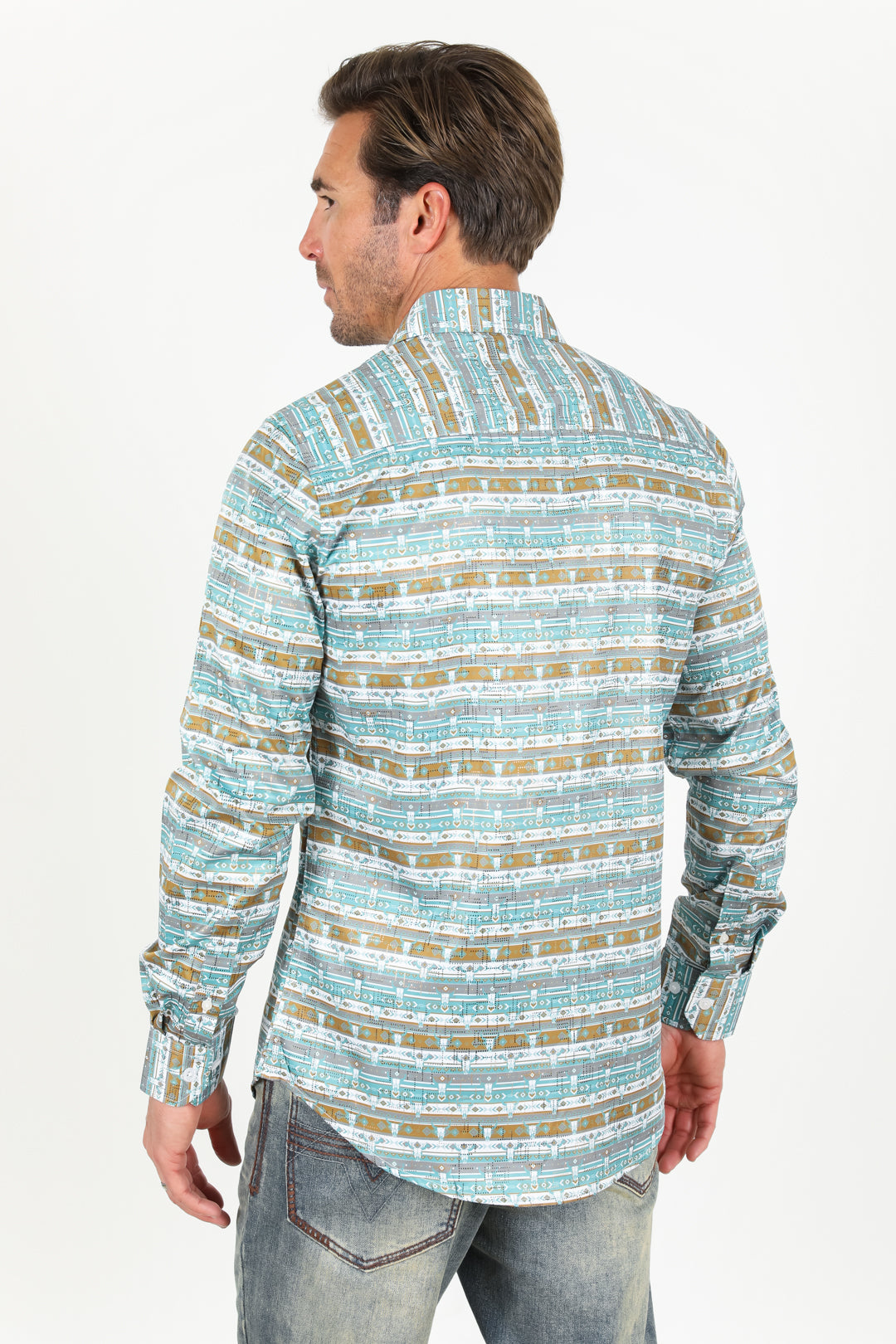 Mens Modern Fit Stretch Aztec Foiled Shirt - White/Teal