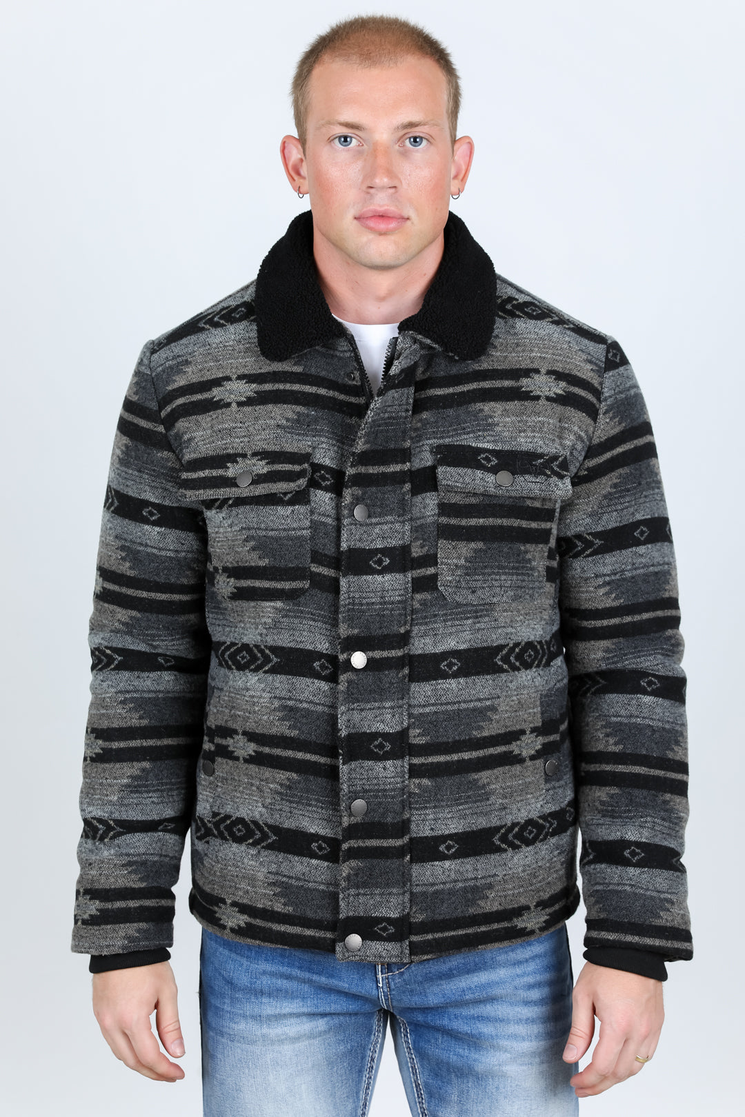Mens Etnic Aztec Quilted Fur Lined Jacket - Black