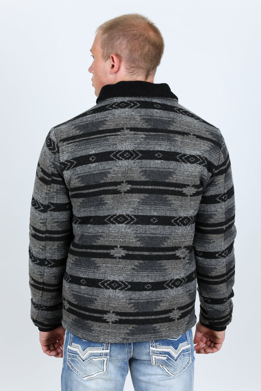 Mens Etnic Aztec Quilted Fur Lined Jacket - Black