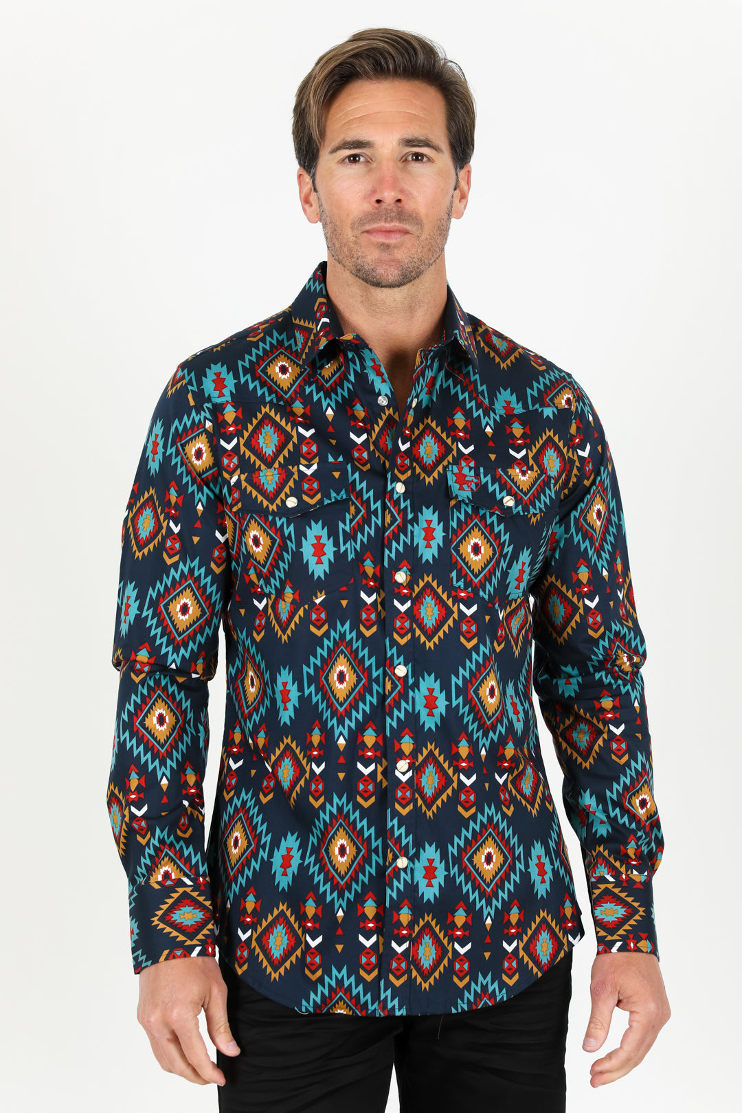 Cotton Aztec Print Dress Shirt - Navy