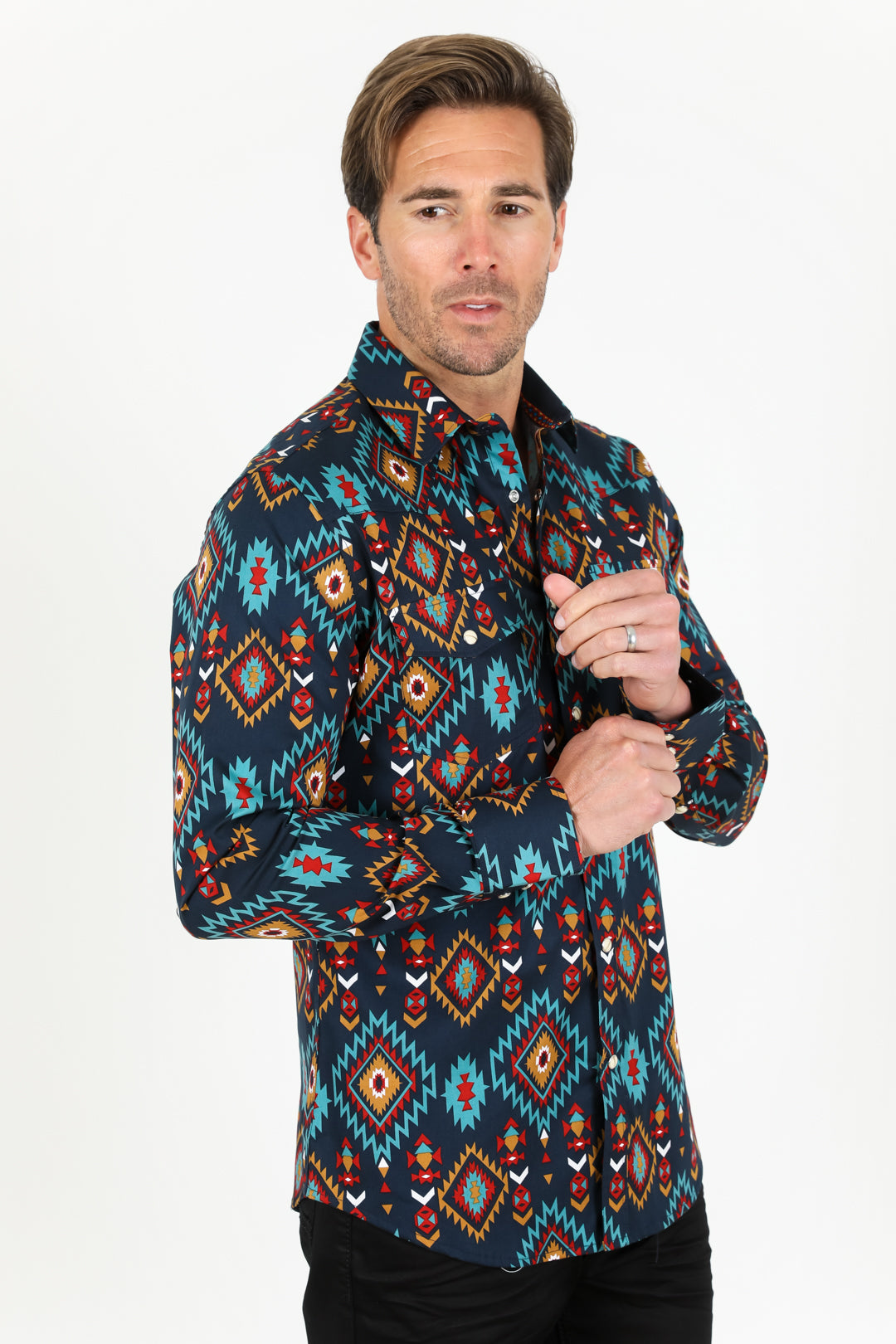 Cotton Aztec Print Dress Shirt - Navy