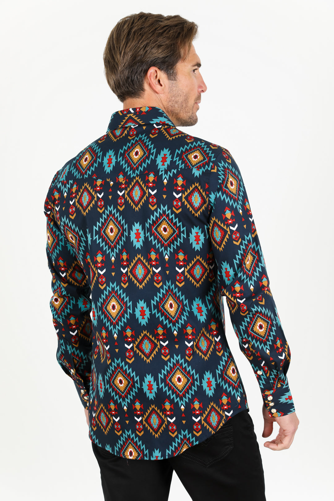 Cotton Aztec Print Dress Shirt - Navy