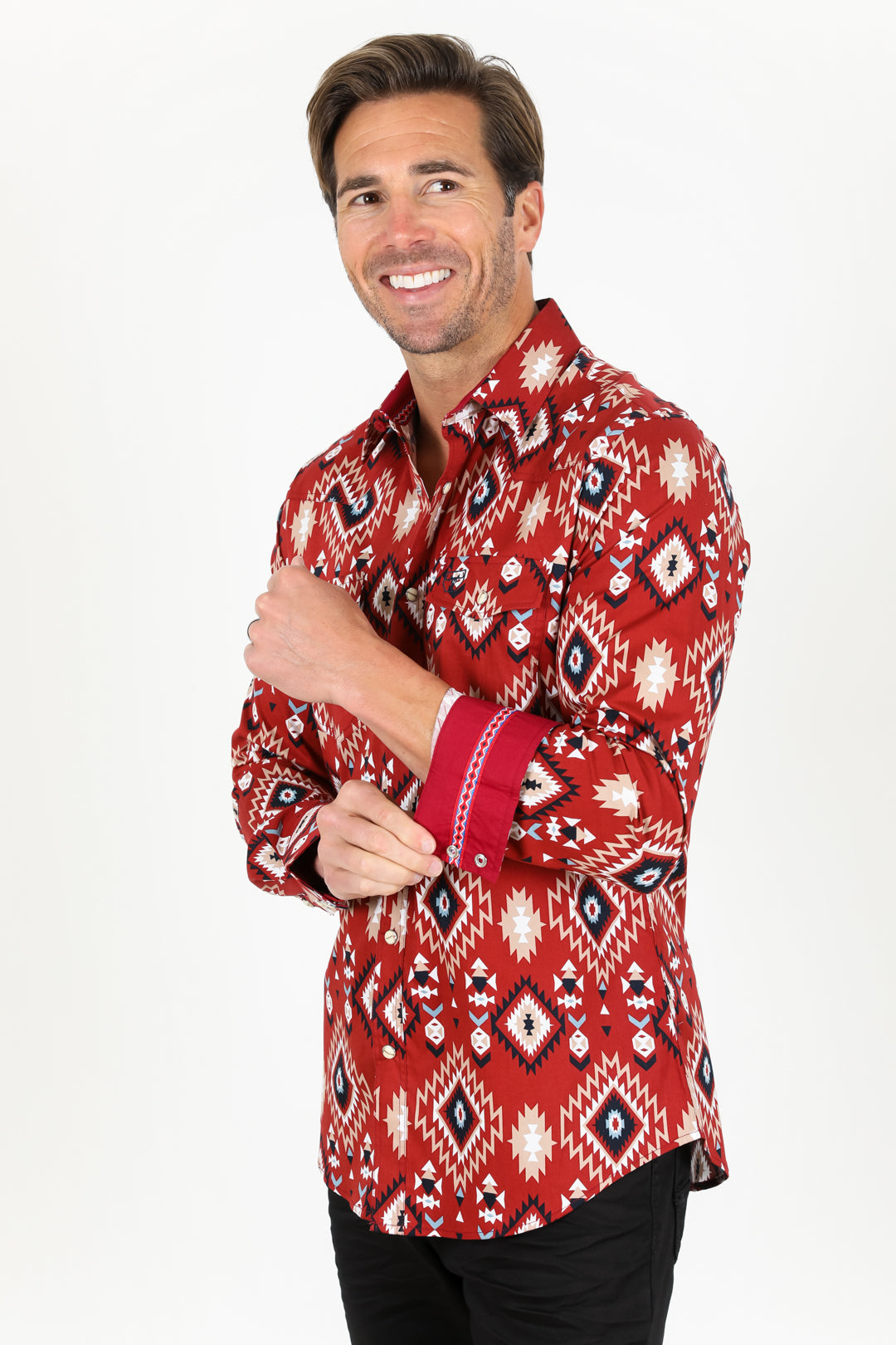 Cotton Aztec Print Dress Shirt - Burgundy