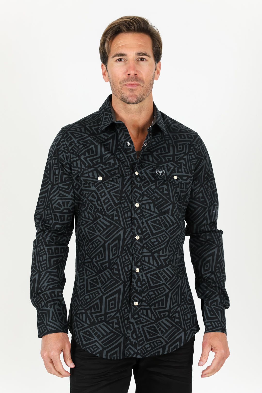 Cotton Aztec Print Dress Shirt - Black