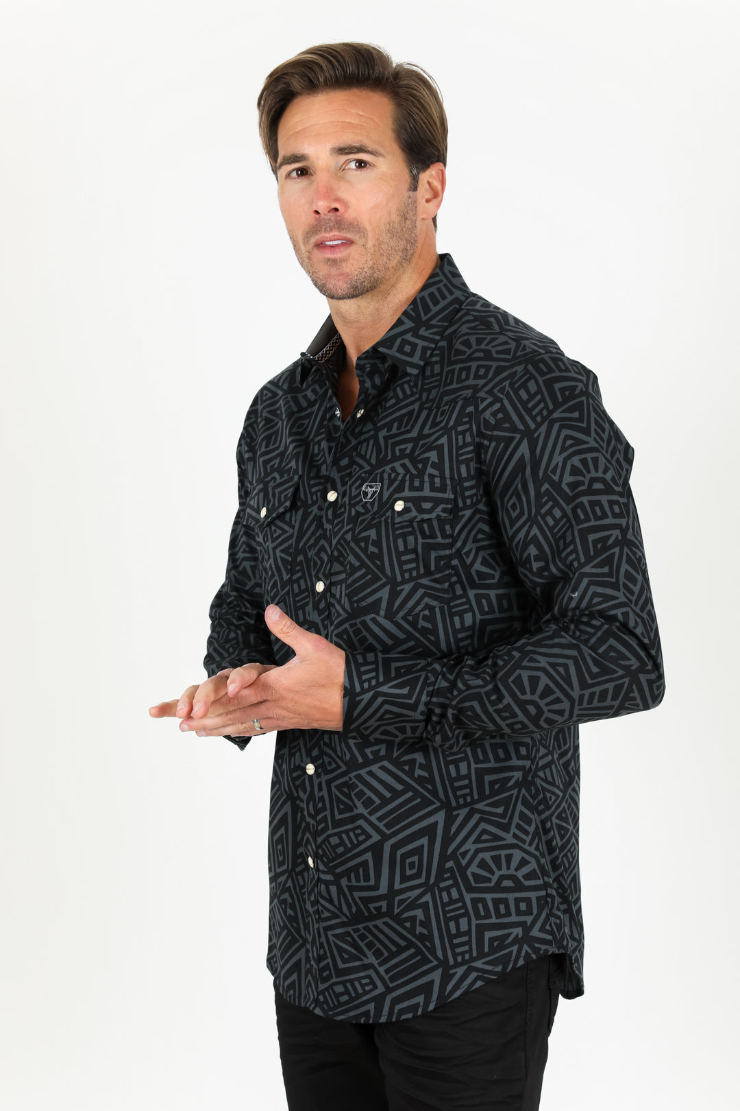 Cotton Aztec Print Dress Shirt - Black