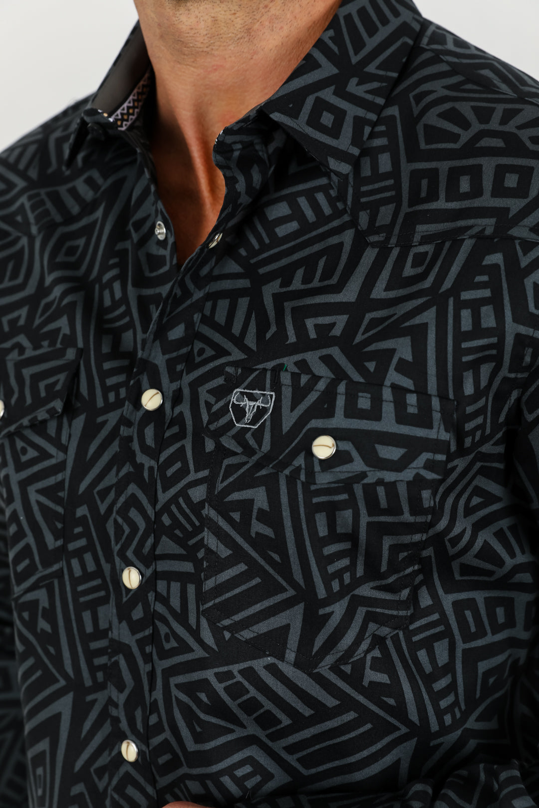 Cotton Aztec Print Dress Shirt - Black