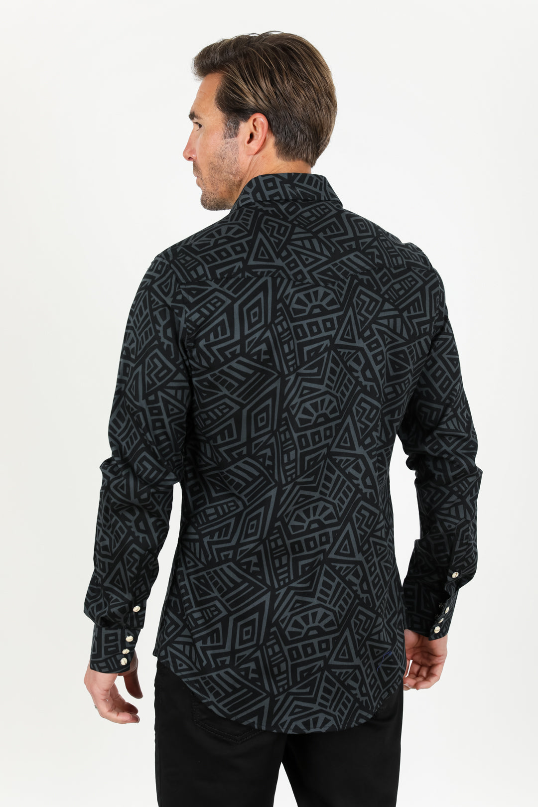 Cotton Aztec Print Dress Shirt - Black