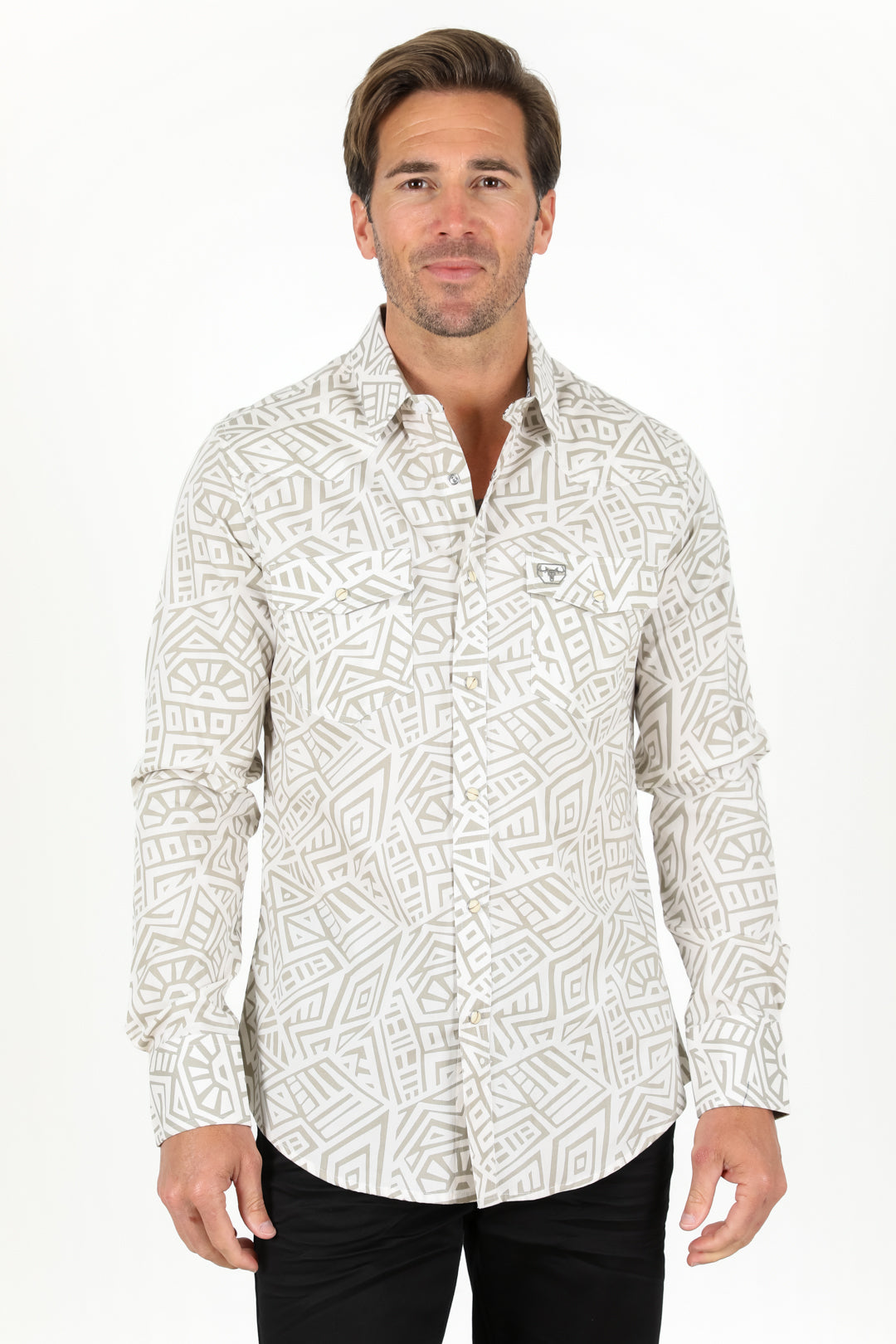 Cotton Aztec Print Dress Shirt - White
