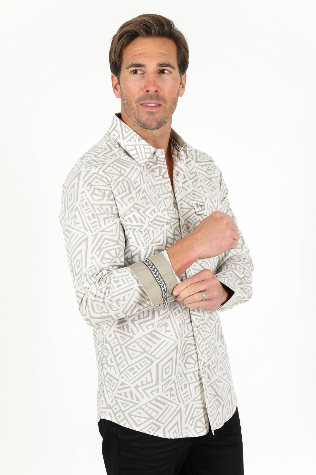 Cotton Aztec Print Dress Shirt - White