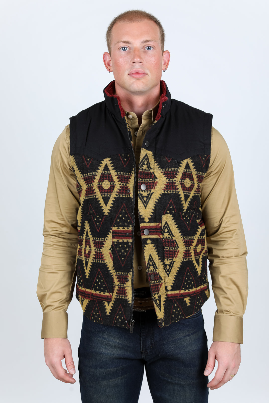 Mens Ethnic Aztec Quilted Fur Lined Vest - Black/Gold