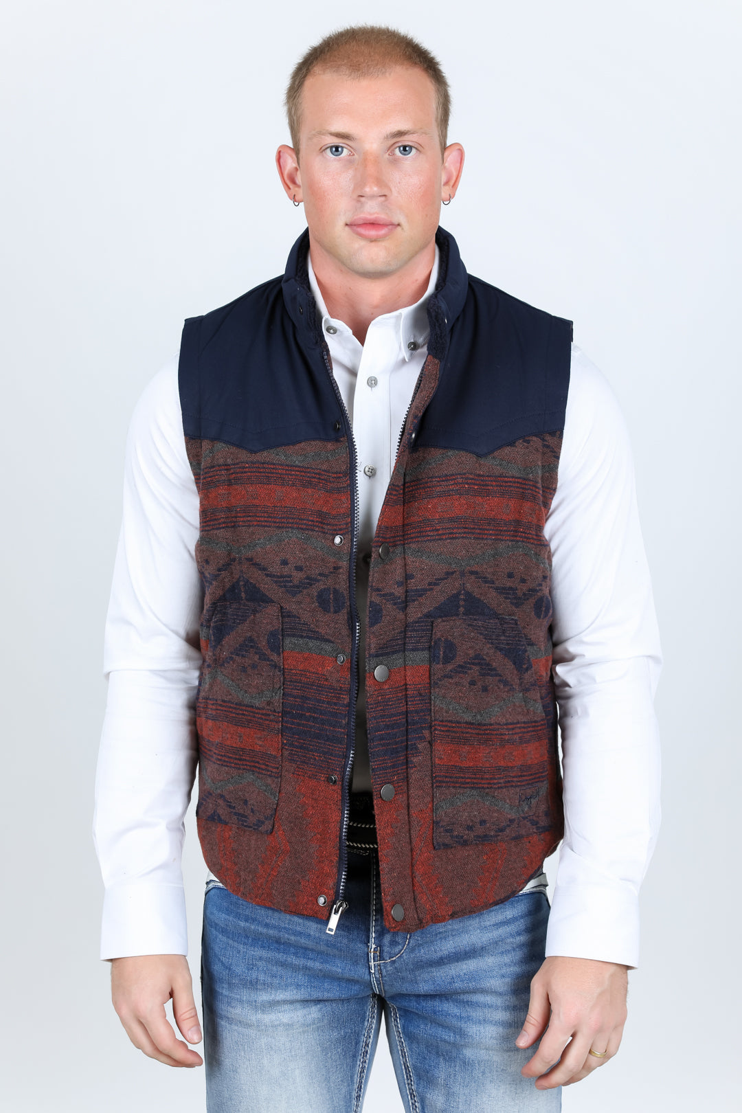 Mens Ethnic Aztec Quilted Fur Lined Vest - Navy/Burgundy