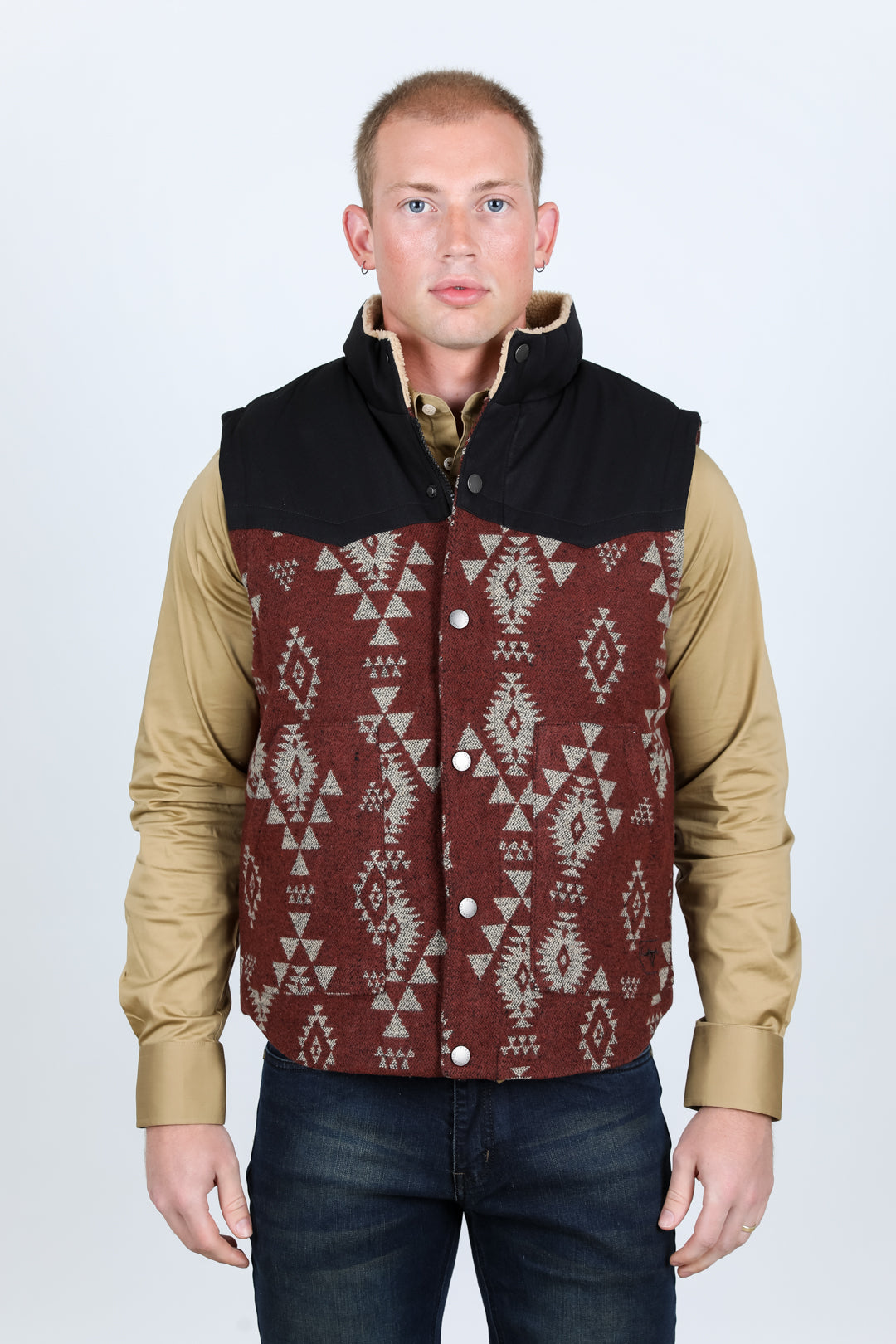 Mens Ethnic Aztec Quilted Fur Lined Vest - Rust