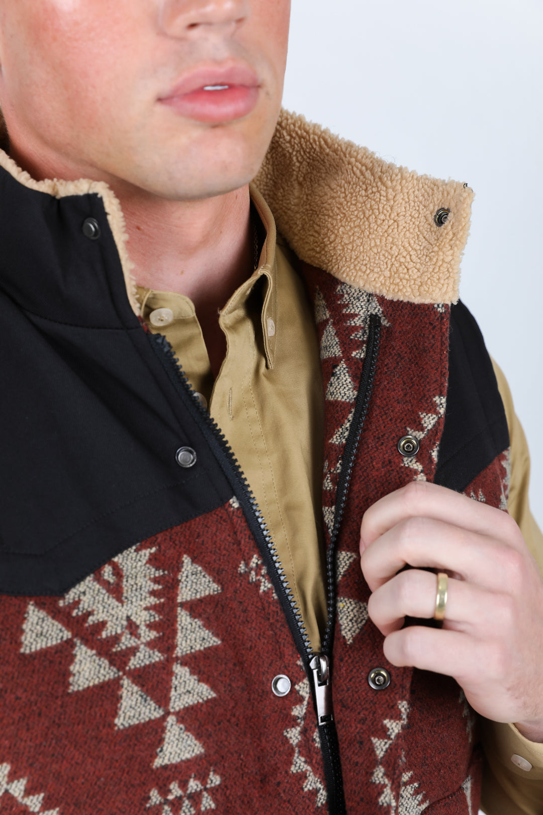 Mens Ethnic Aztec Quilted Fur Lined Vest - Rust