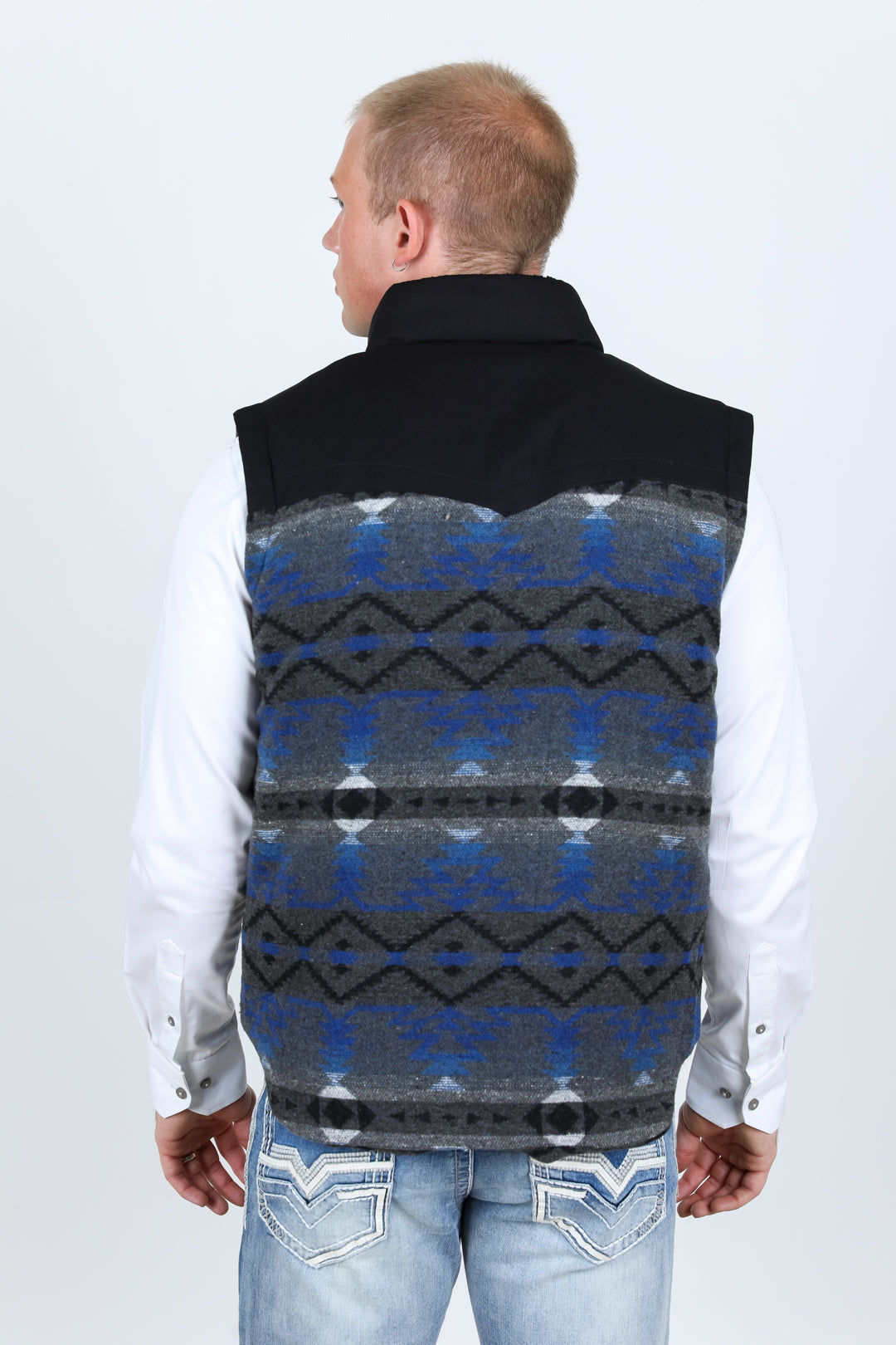 Mens Ethnic Aztec Quilted Fur Lined Vest - Gray/Royal