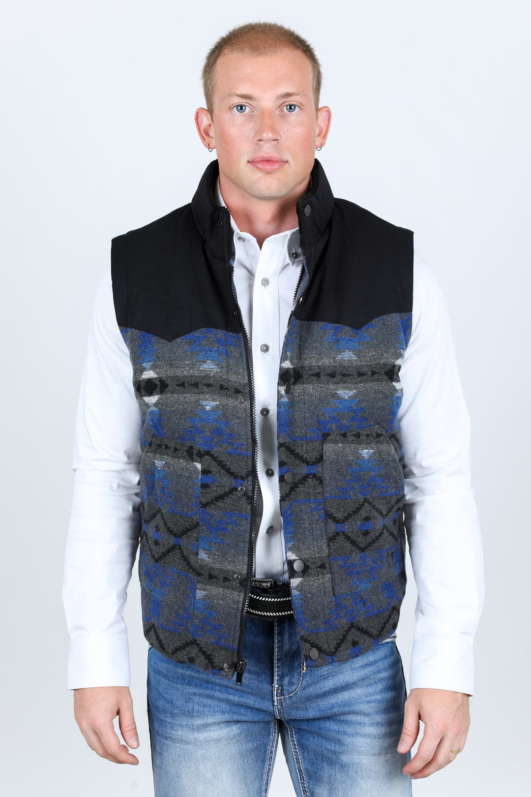 Mens Ethnic Aztec Quilted Fur Lined Vest - Gray/Royal