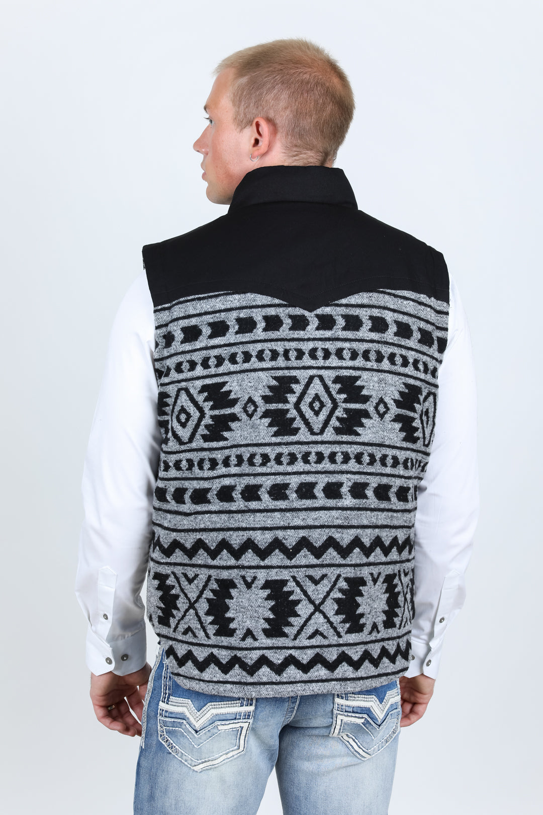 Mens Ethnic Aztec Quilted Fur Lined Vest - Black/White