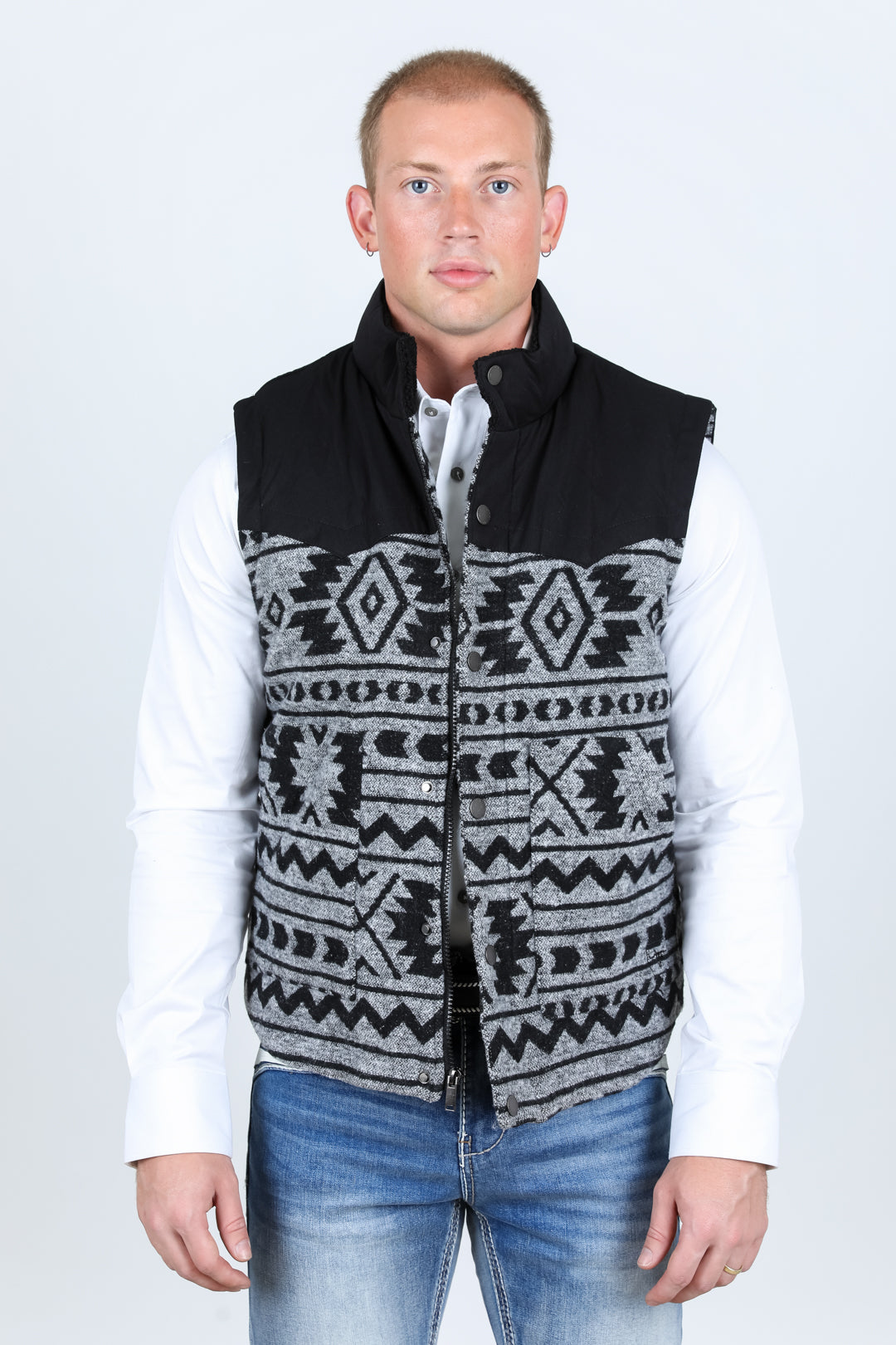 Mens Ethnic Aztec Quilted Fur Lined Vest - Black/White