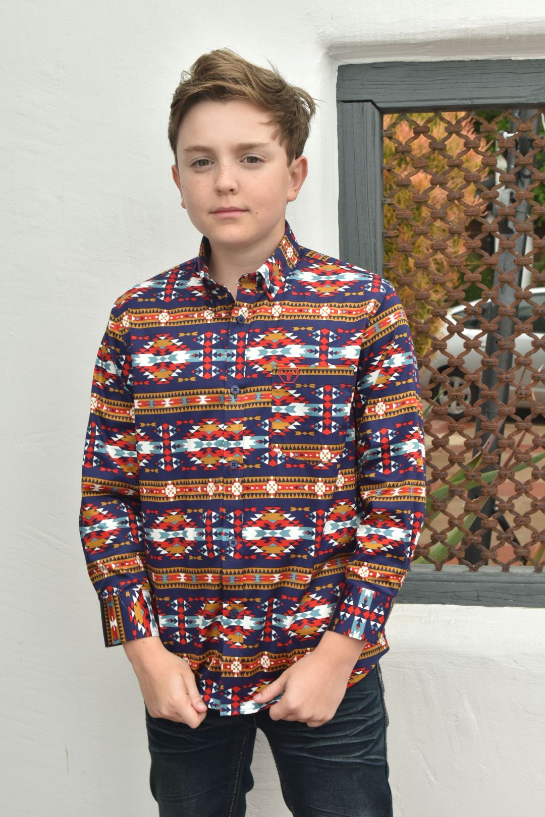 Kid's Cotton Navy Aztec Digital Print Dress Shirt