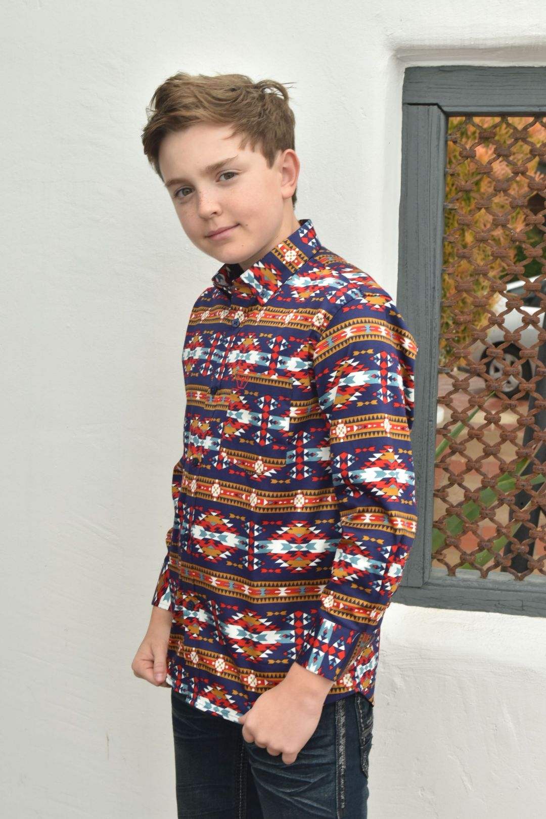 Kid's Cotton Navy Aztec Digital Print Dress Shirt