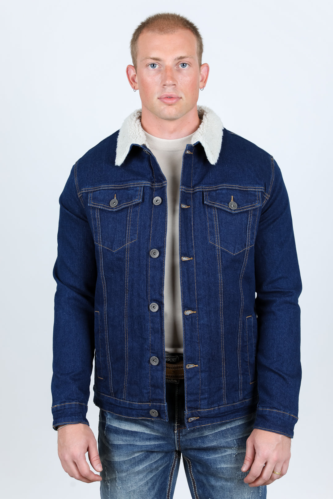 Mens Sherpa Lined Denim Jacket - Indigo