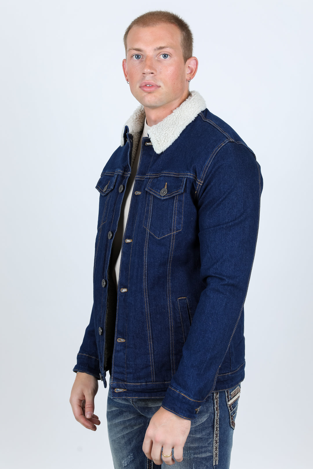 Mens Sherpa Lined Denim Jacket - Indigo