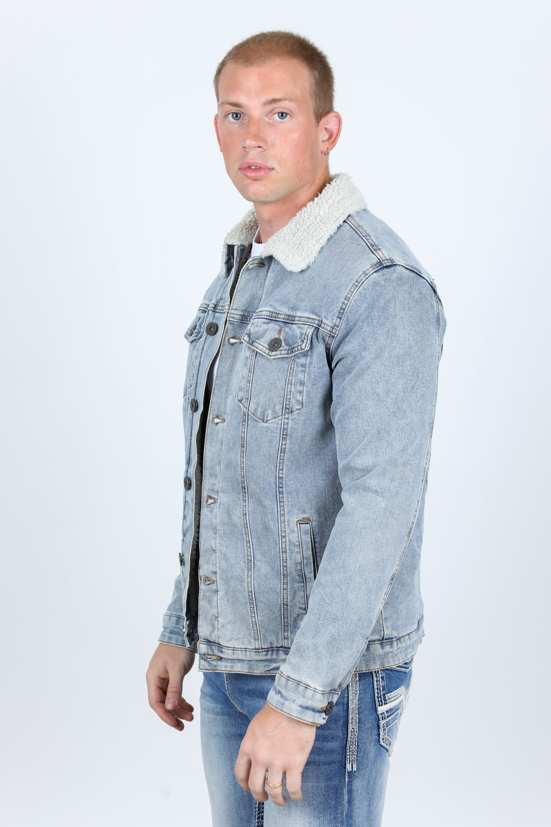Mens Sherpa Lined Denim Jacket - Tint Blue
