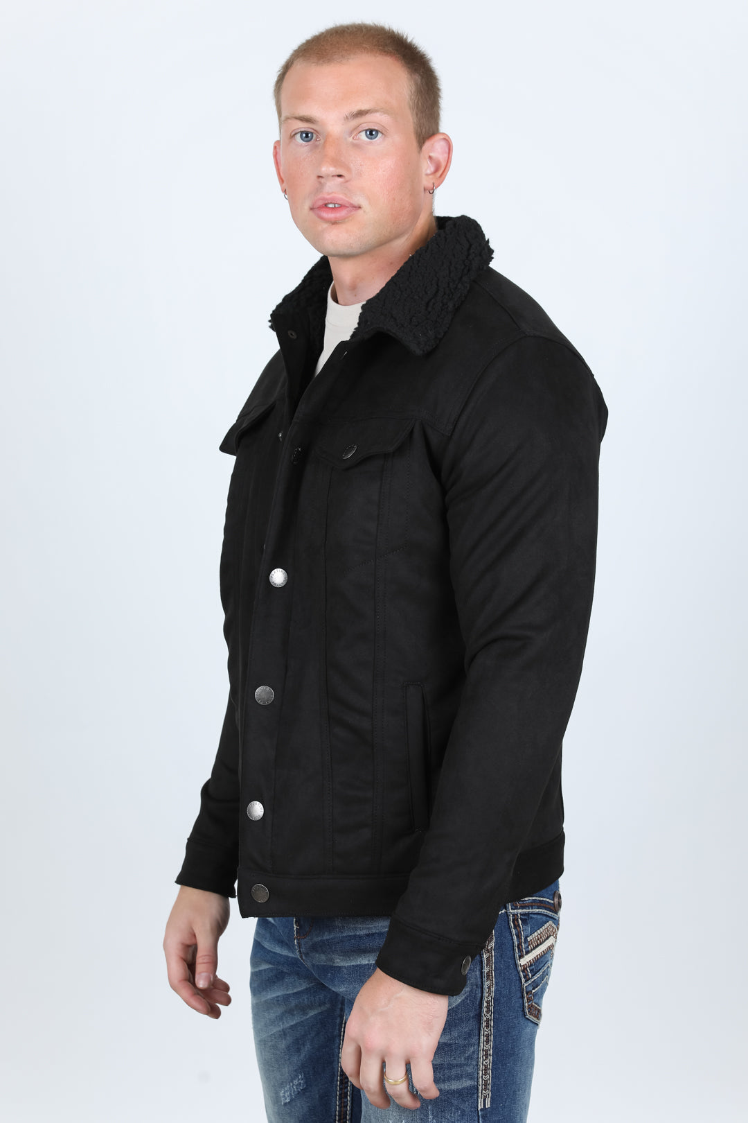 Mens Sherpa Lined Faux Suede Jacket - Black