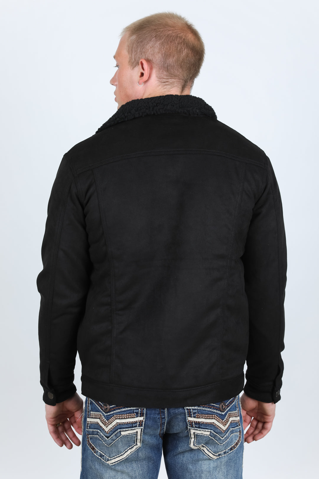 Mens Sherpa Lined Faux Suede Jacket - Black