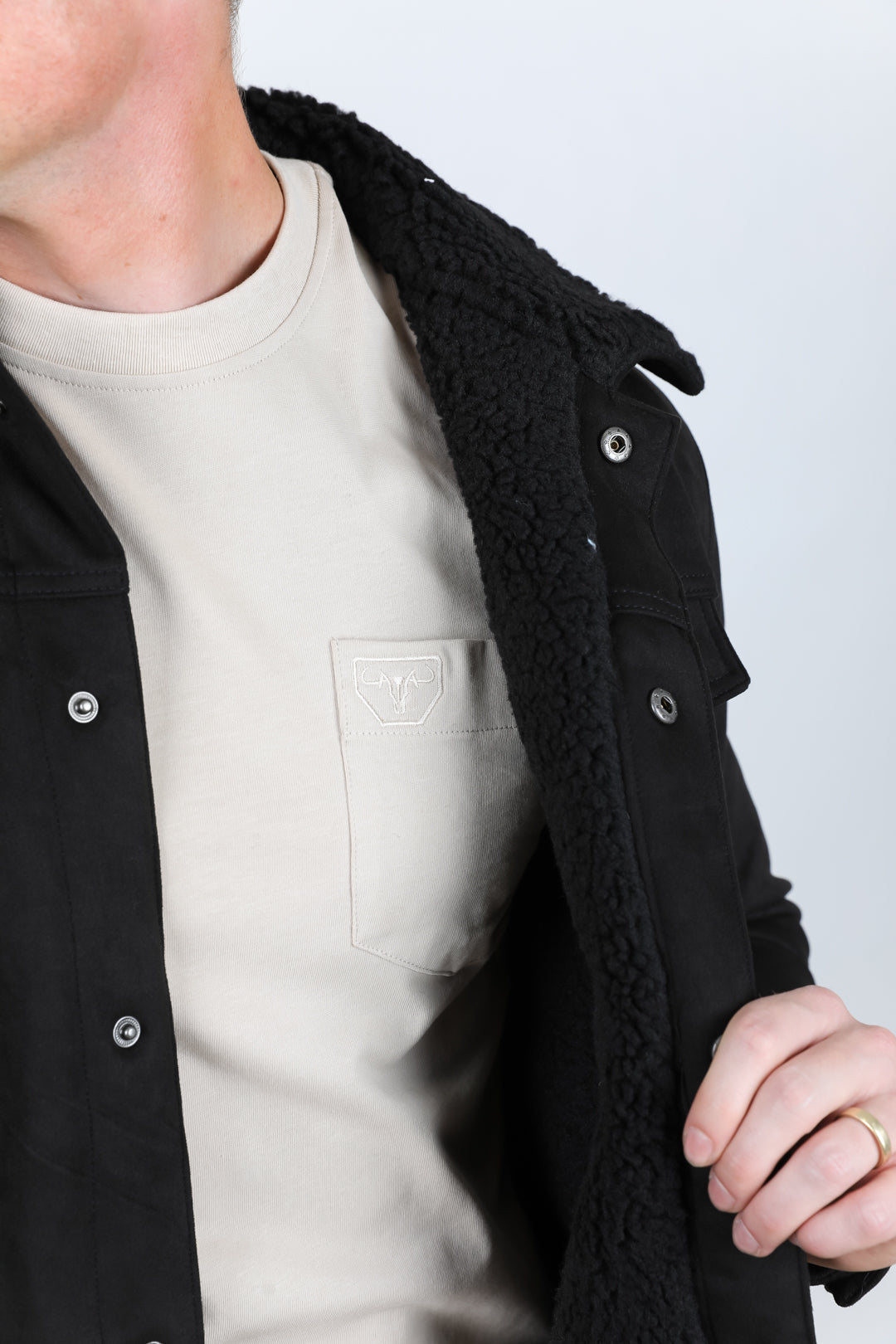 Mens Sherpa Lined Faux Suede Jacket - Black