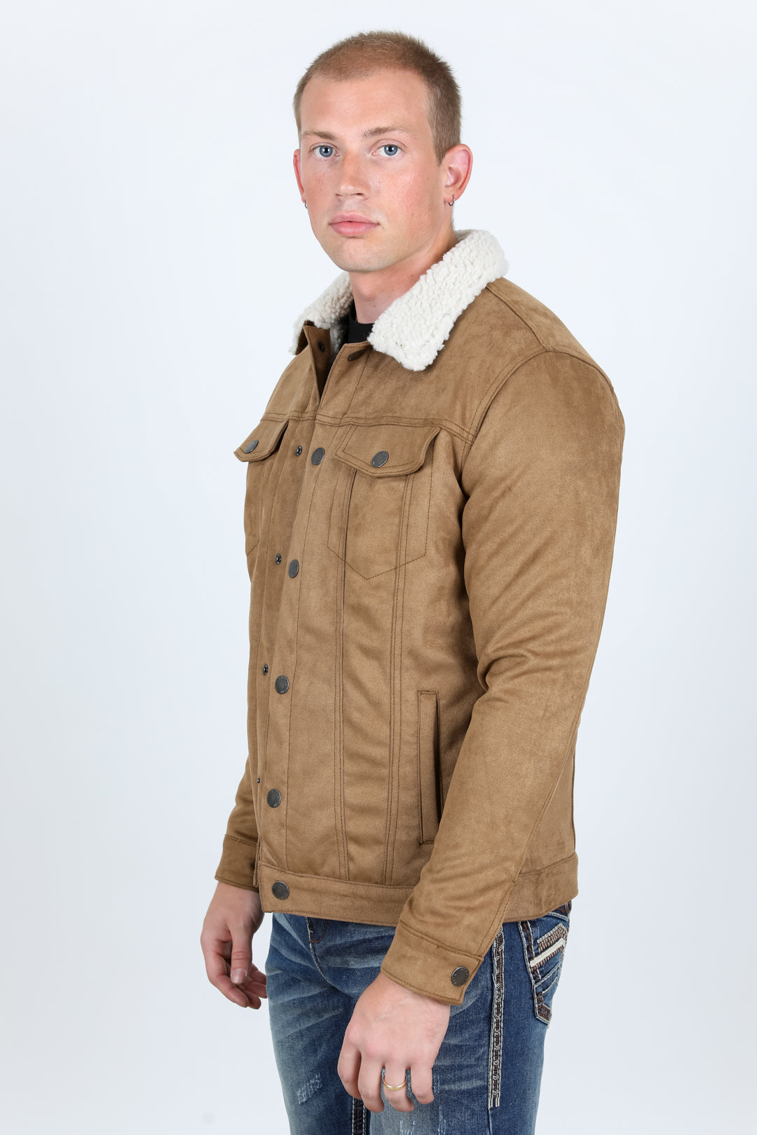 Mens Sherpa Lined Faux Suede Jacket - Camel