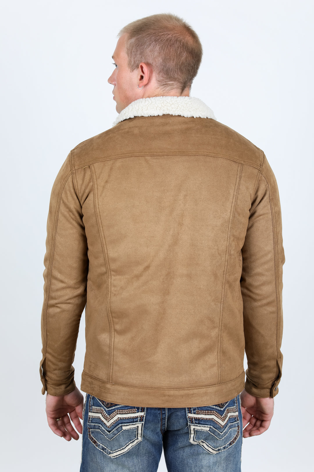 Mens Sherpa Lined Faux Suede Jacket - Camel