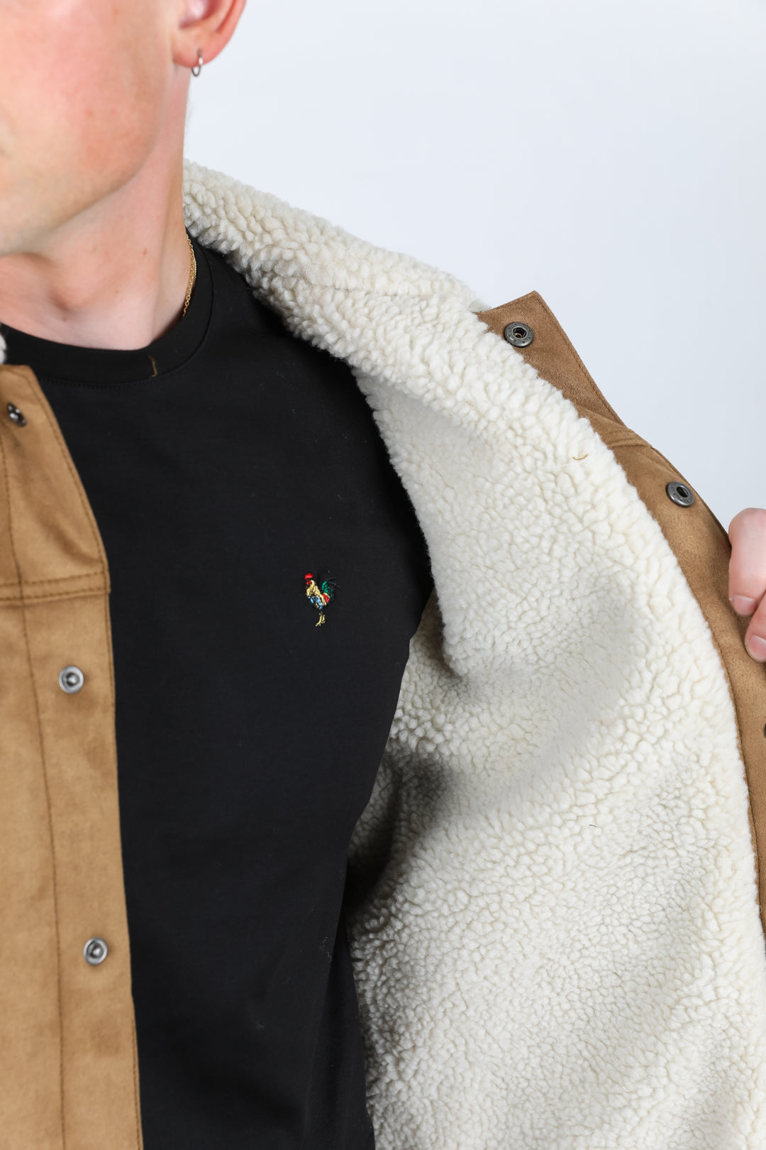 Mens Sherpa Lined Faux Suede Jacket - Camel
