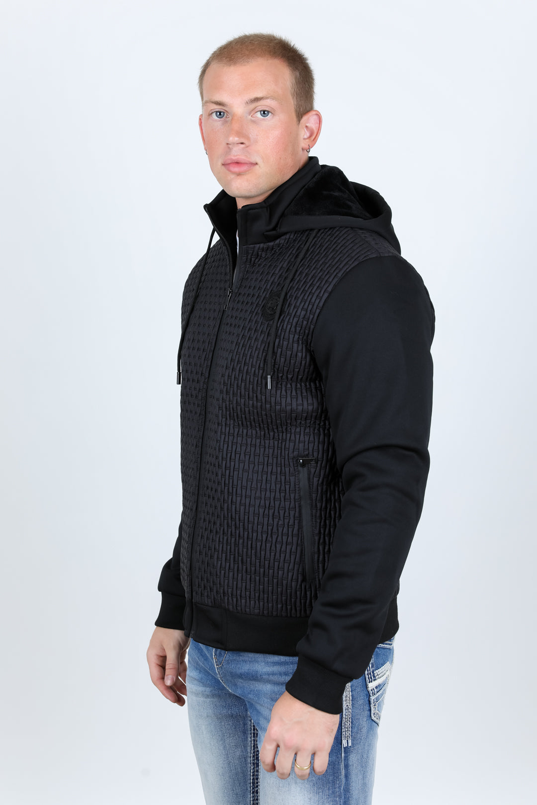 Mens Fur Lined Quilted Hooded Jacket - Black
