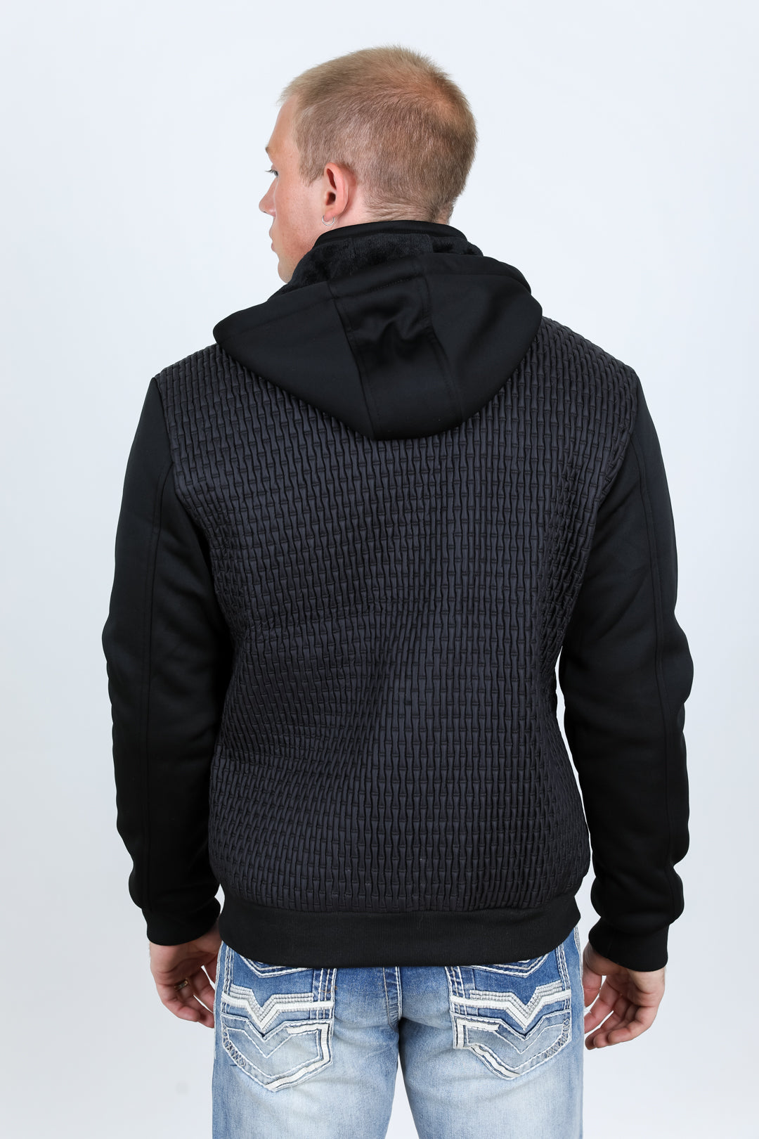 Mens Fur Lined Quilted Hooded Jacket - Black